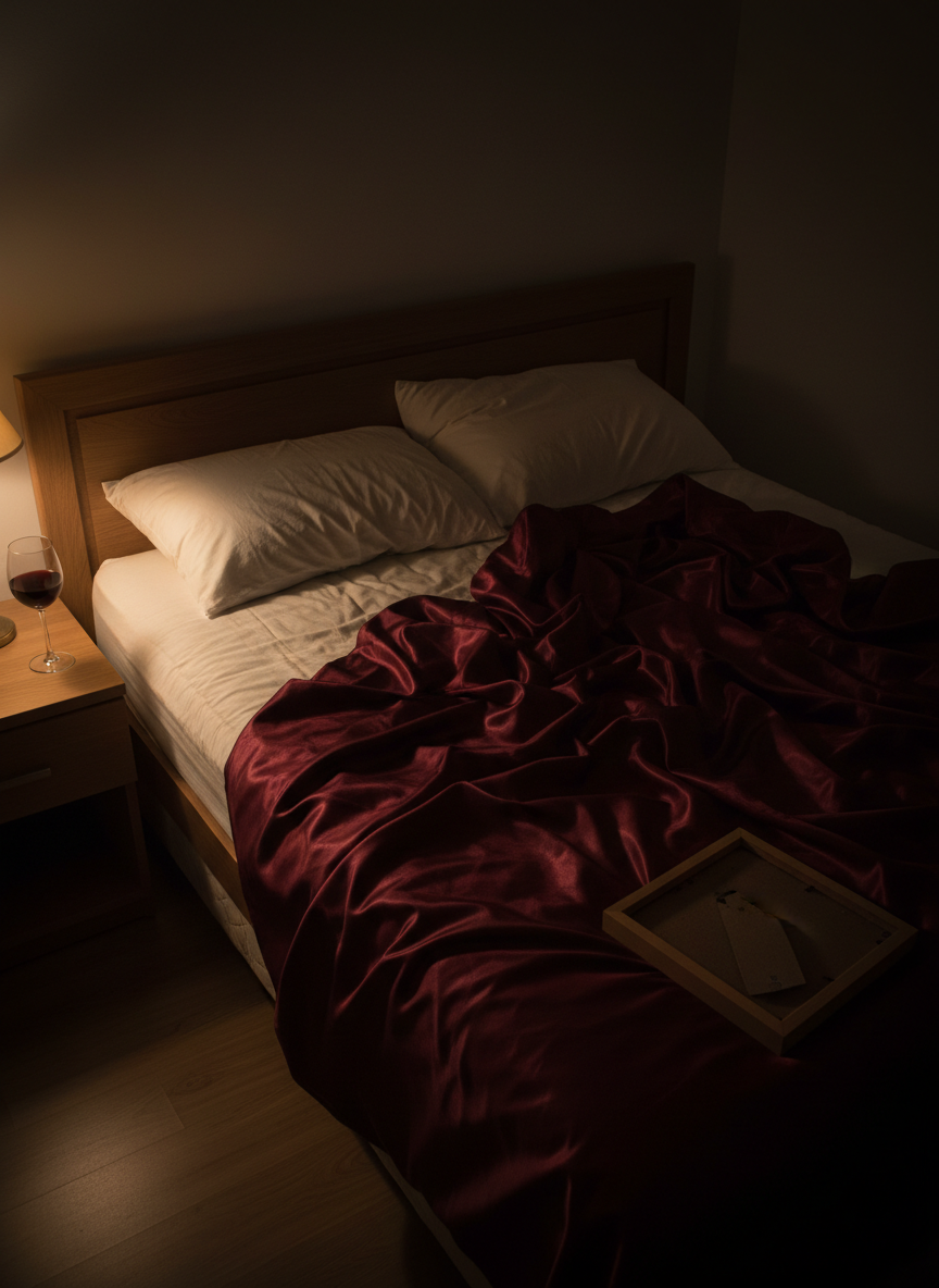 A photographic realism scene of an unmade double bed with deep burgundy sheets tangled and creased, as if from a long, restless night. The fabric is satin-soft, reflecting dim, warm bedside lamp light that pools across the mattress and highlights sweat-darkened patches on the pillowcases. A simple wooden nightstand holds a half-finished glass of red wine and an overturned picture frame whose image is turned away from view. Shot from a slightly elevated angle using the rule of thirds, the composition emphasizes empty space and disarray. Shadows gather in the corners of the room, creating a claustrophobic, guilty atmosphere that suggests taboo intimacy without showing any human bodies.