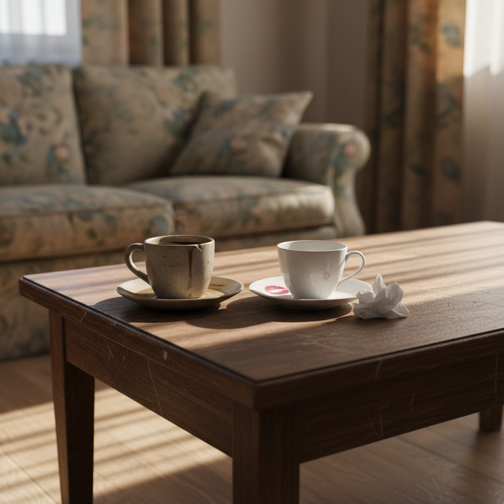 A photographic realism close-up of two mismatched ceramic coffee cups on a low living room table made of aged, varnished wood. One cup is chipped at the rim, filled with dark, cooling coffee, leaving a faint ring on the saucer; the other stands empty beside a crumpled tissue and a faint lipstick stain on the saucer’s edge. Soft afternoon light filters through heavy curtains, casting striped shadows across the table and a faded floral sofa in the background. Shot at a low angle with shallow depth of field, the cups are in sharp focus while the room recedes into soft blur. The mood is heavy with unspoken tension, regret, and a sense of boundaries recently crossed, evoked purely through objects.