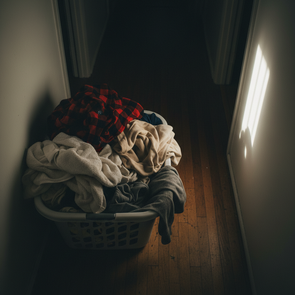 A photographic realism overhead view of a laundry basket overflowing with mixed garments in a dim hallway. Soft, directional light from a nearby window slices across the scene, emphasizing textures: thick cotton towels, a worn flannel shirt, and neatly folded but slightly faded loungewear in muted tones of beige and gray. The basket itself is plastic with hairline cracks, resting on scuffed wooden flooring that bears the marks of years of domestic life. The composition uses asymmetrical balance, with the basket pushed to one corner and long shadows stretching into empty space. The atmosphere feels intimate, mundane, and yet faintly unsettling, suggesting hidden stories and inappropriate closeness embedded within everyday family routines.