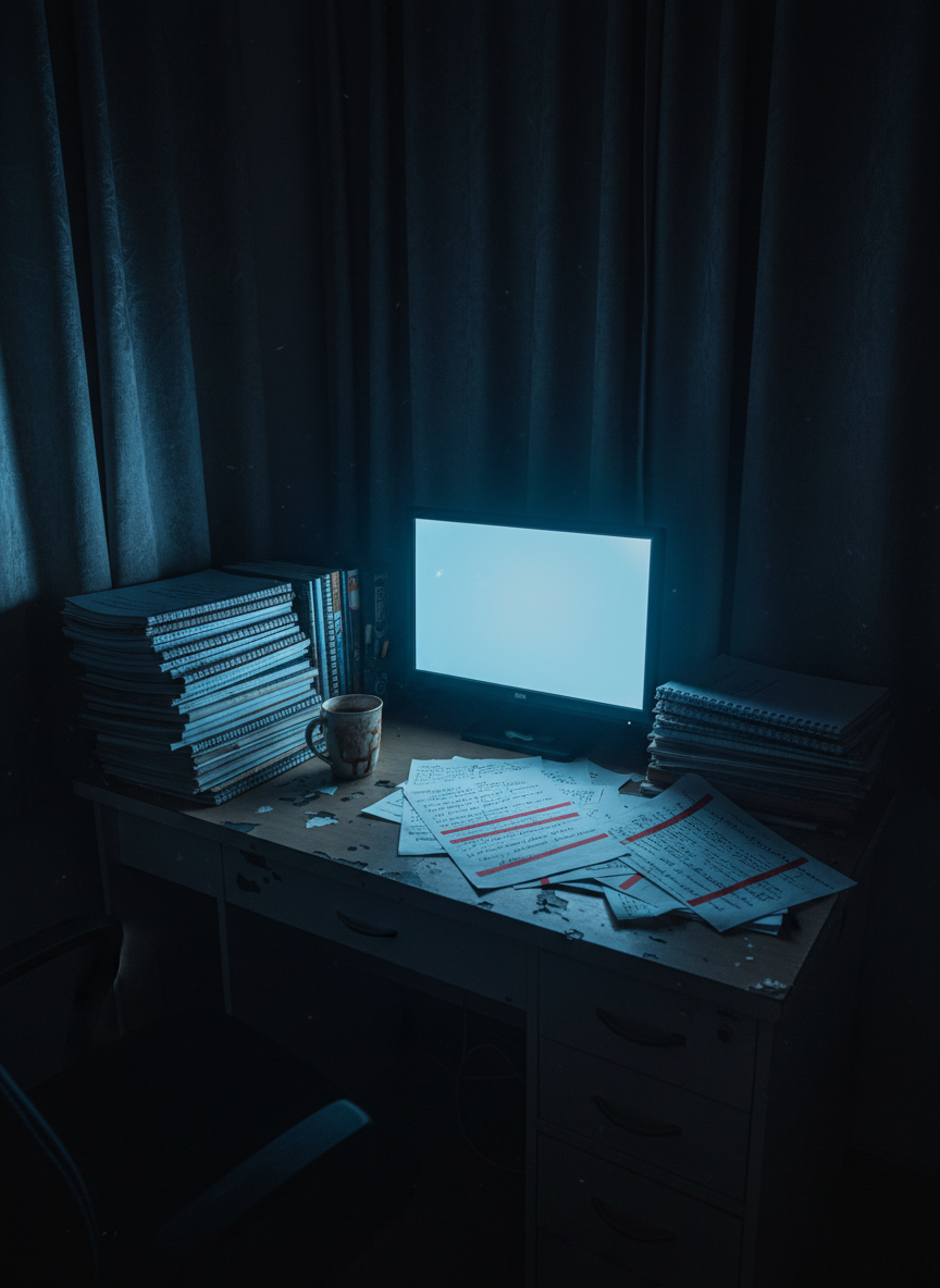A photographic realism image of a small, cluttered home office at night, illuminated only by the cold blue glow of a computer monitor. The desk is cheap laminated wood, its surface crowded with stacked notebooks, a ceramic mug stained from repeated use, and a scatter of printed pages with heavily underlined paragraphs about taboo psychology and forbidden relationships, though no explicit words are legible. Dust motes drift in the monitor’s light, and heavy curtains block any outside view. Captured from a slightly elevated three-quarter angle, the screen itself is overexposed, obscuring its content. The atmosphere is obsessive and analytical, hinting at dark research into deviant desires while maintaining an abstract, emotionally charged tone.