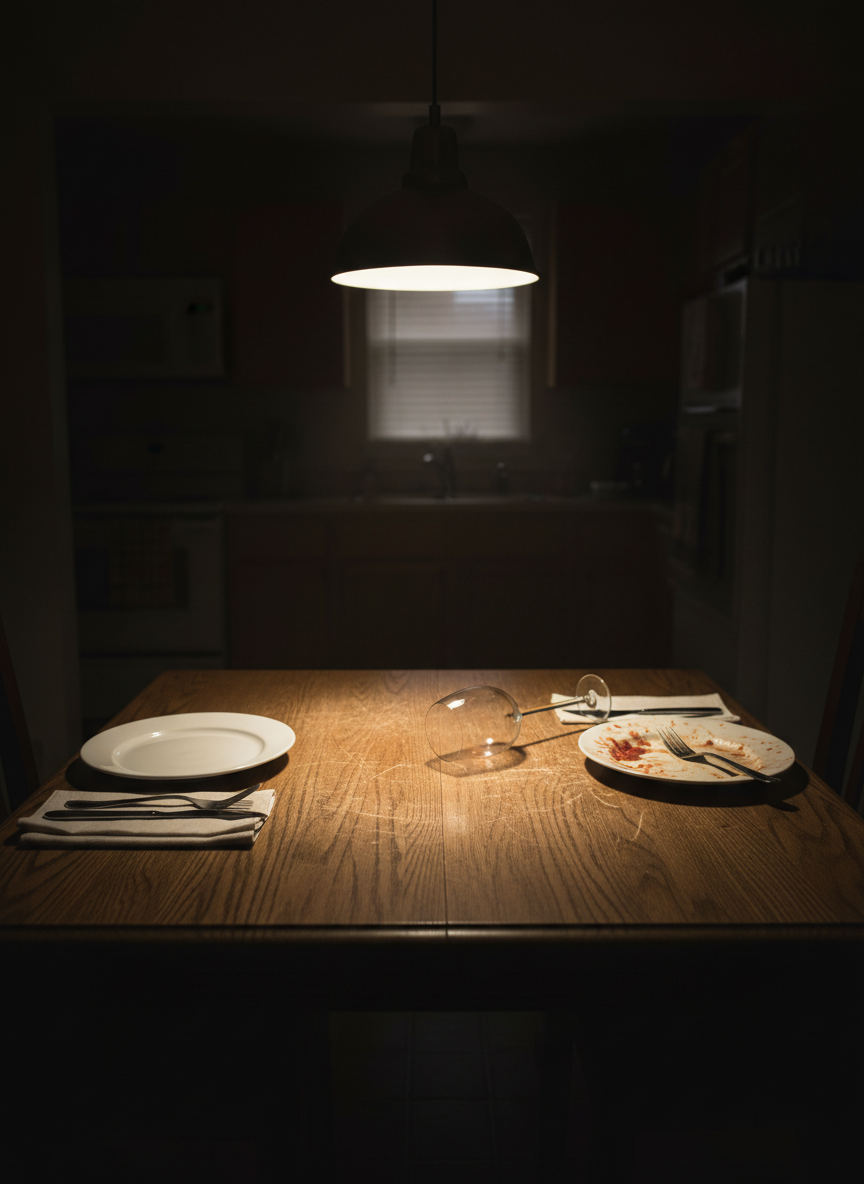 A dimly lit photographic realism dining table in a modest suburban home, crafted from worn oak with visible nicks and stains. On one side, a single untouched, neatly arranged place setting with a folded napkin and polished cutlery; opposite, a plate with smeared sauce, a crooked fork, and an empty wine glass tipped slightly off-center. Overhead, a yellowed pendant lamp casts a narrow cone of warm, almost oppressive light, leaving the surrounding kitchen in shadow. Shot at table height with a medium depth of field, the focus is on the contrast between order and disarray. The mood is heavy, secretive, and morally conflicted, capturing domestic normalcy tainted by unseen, forbidden desires.